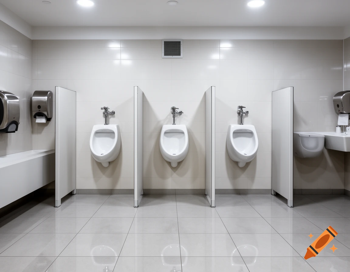 Photorealistic interior view of a clean public restroom with white tiled walls, three urinals separated by partitions, and gleaming floor tiles.