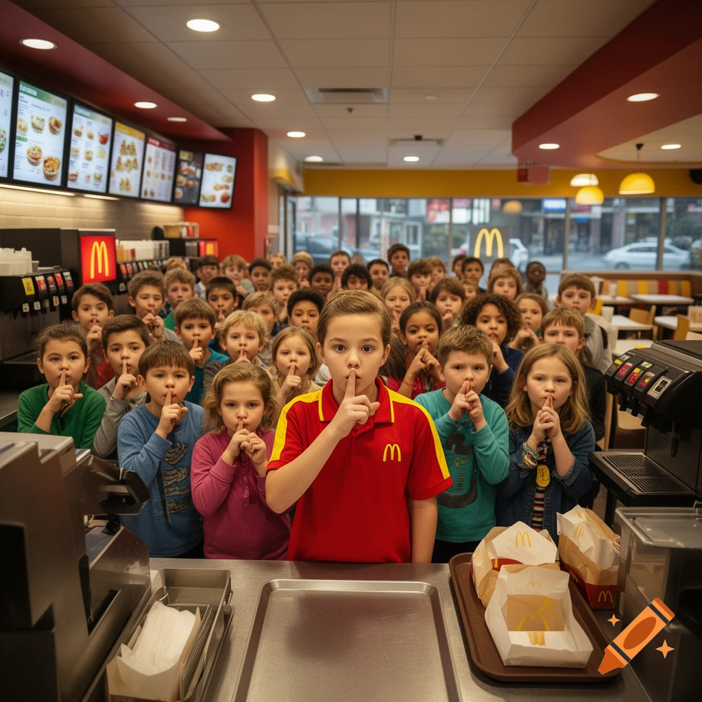 Photorealistic image of a crowd of children in a fast food restaurant holding a finger to their lips in a shushing gesture.
