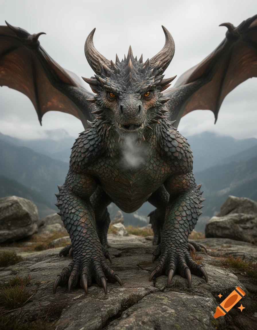 Photorealistic close-up of a detailed gray dragon with horns and wings, crouching on rocky terrain under an overcast sky.
