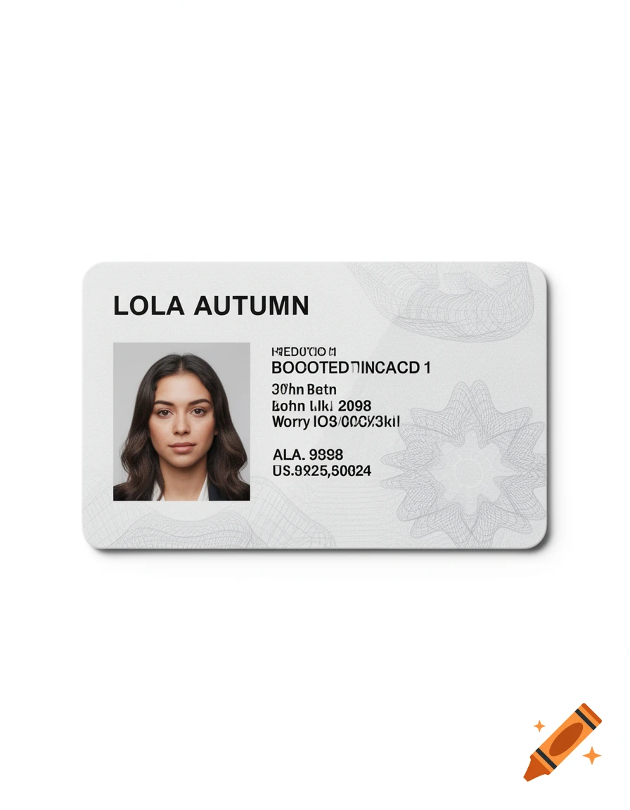 Photorealistic white ID card featuring the name Lola Autumn and a portrait of a woman with dark hair.