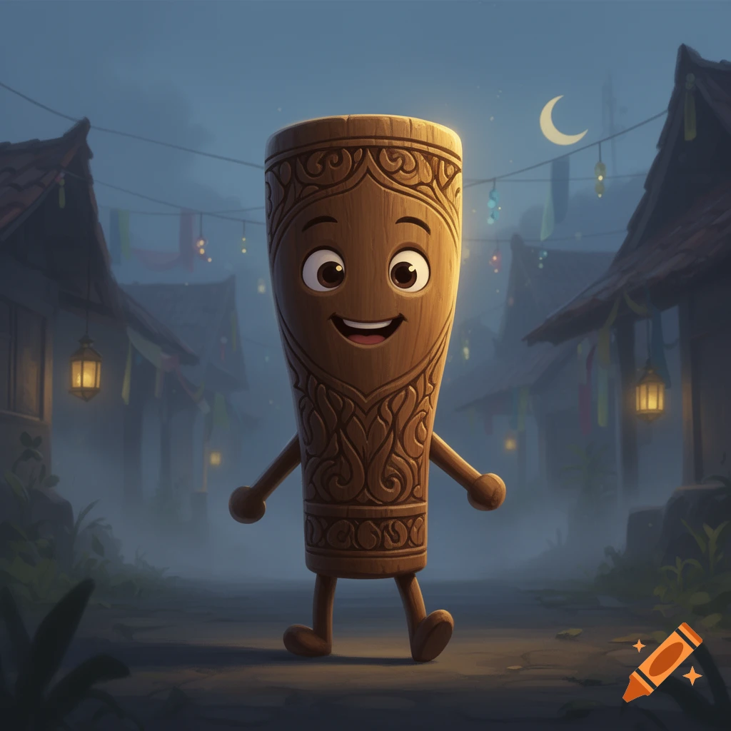 Digital illustration of a cute, friendly wooden drum character with a carved face and limbs walking down a village street at night.