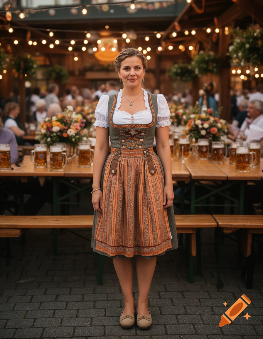 Photorealistic image of a woman wearing a traditional dirndl at an Oktoberfest outdoor seating area with beer mugs.