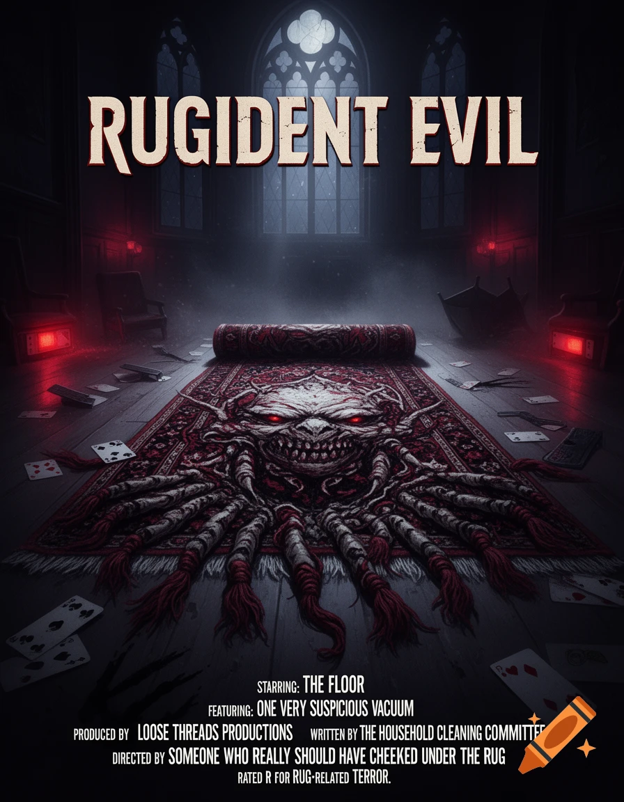 Parody movie poster featuring a sinister rolled-up rug with a monster face in a gothic room, titled Rugident Evil.