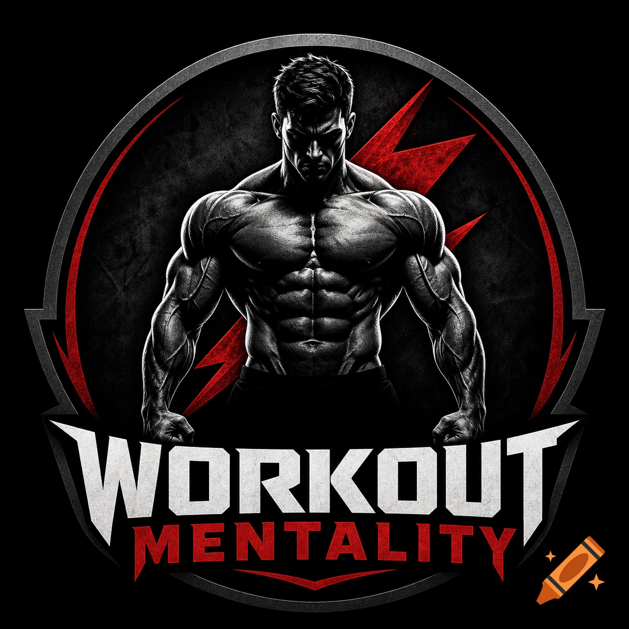 A muscular male silhouette inside a circular emblem with the text WORKOUT MENTALITY.