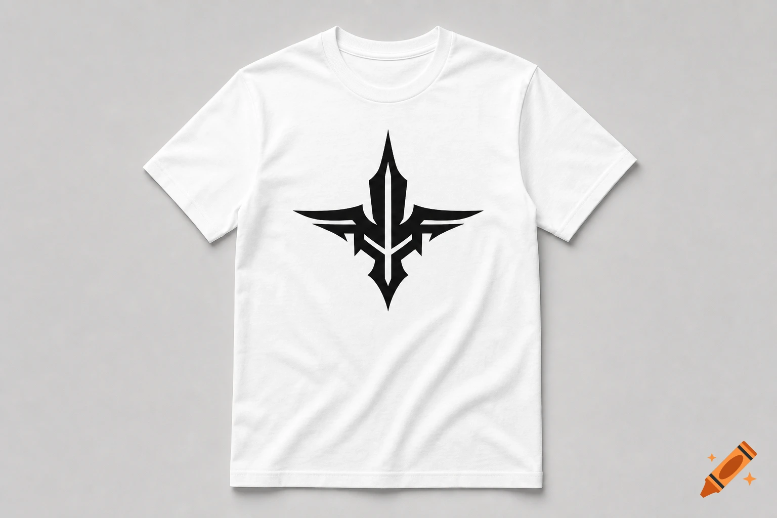 A plain white t-shirt featuring a black futuristic tribal logo design on the chest, laid flat on a neutral grey background.