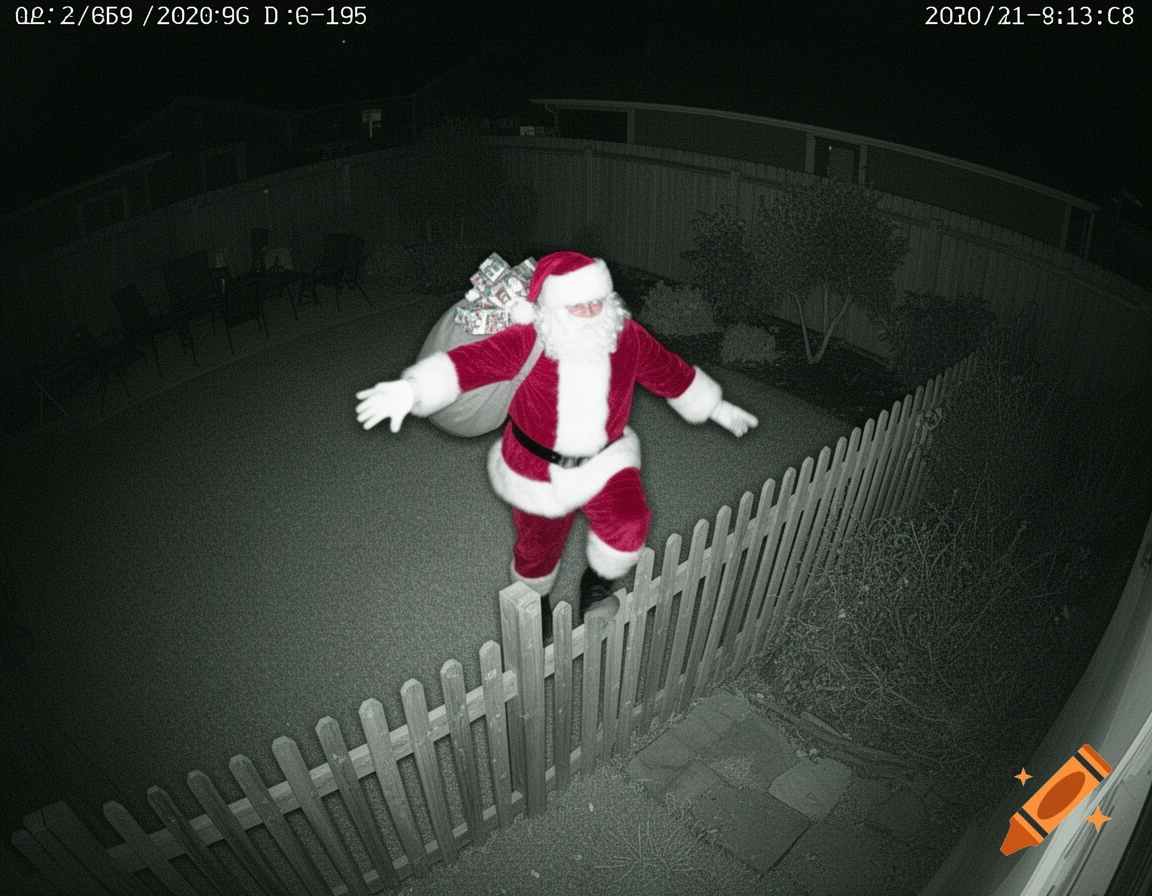 CCTV style black and white photo of Santa Claus tripping over a backyard fence at night.