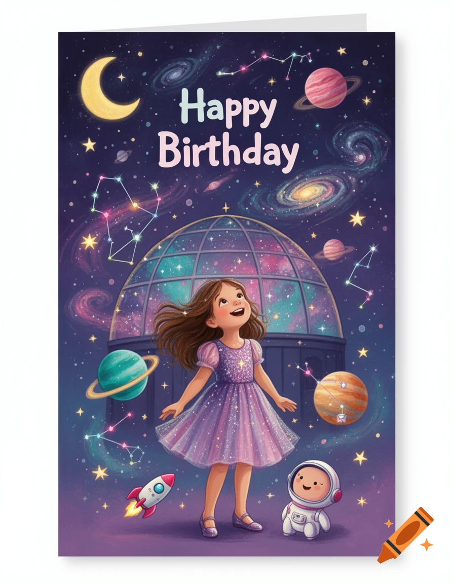 Birthday card illustration featuring a young girl in a purple dress looking up at a starry night sky with planets, moon, and a small astronaut.