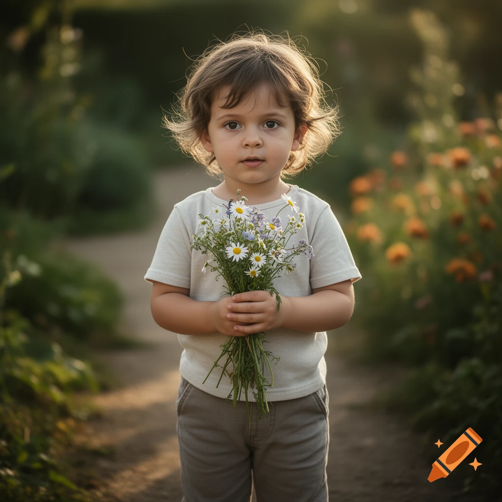 Photorealistic image of a young child holding a bouquet of wildflowers in a garden.
