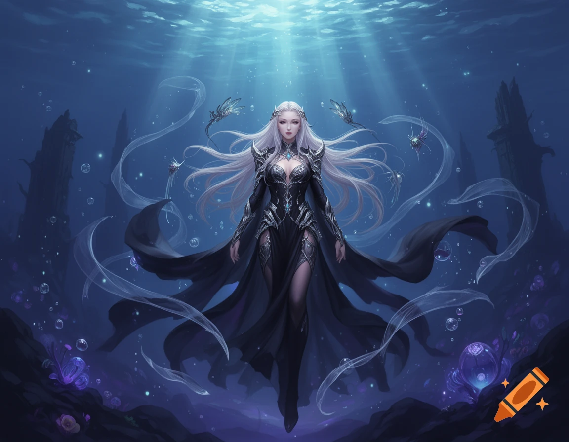 Digital art of a white-haired female fantasy character in a black dress floating underwater surrounded by glowing ribbons and light rays.