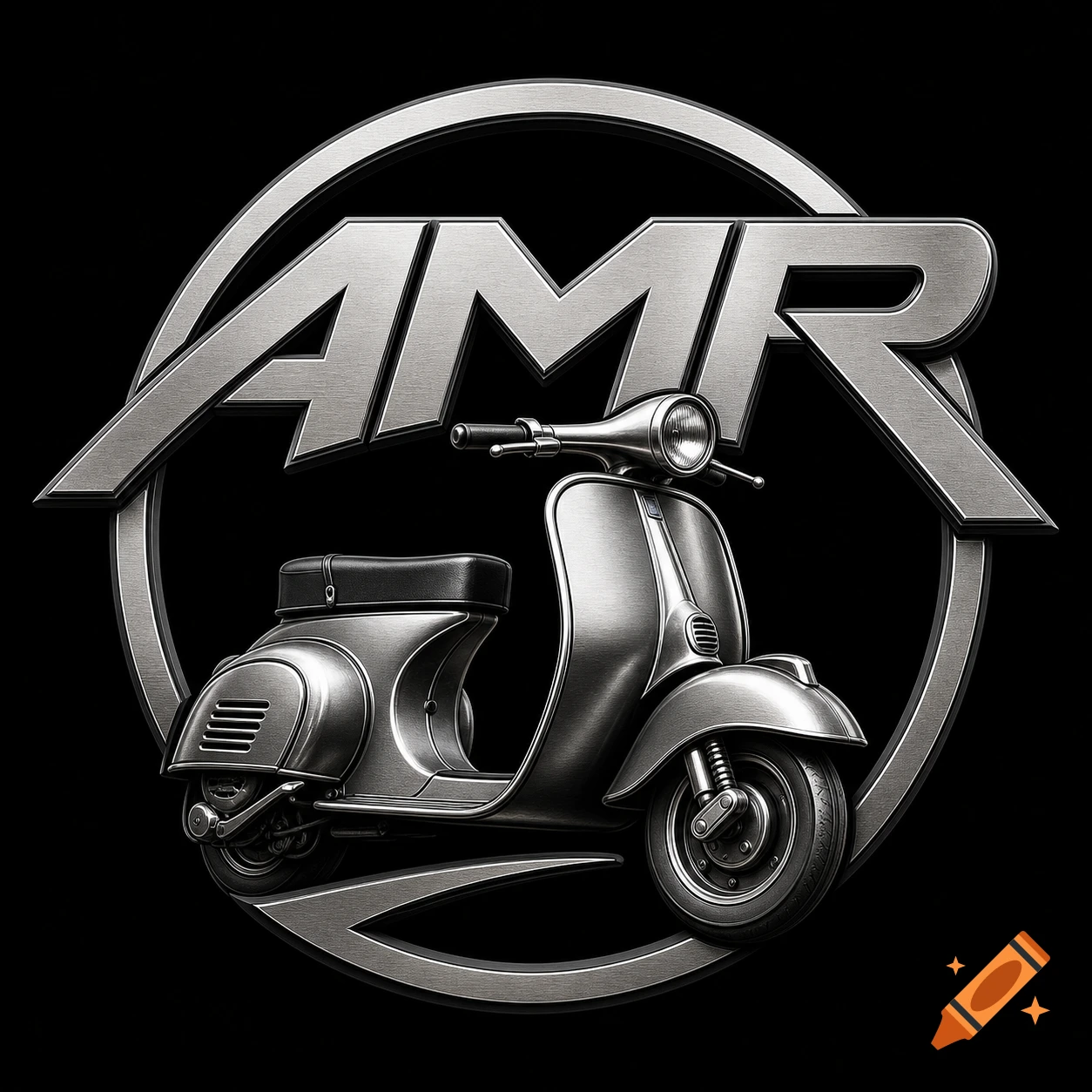 Metallic circular logo featuring a Piaggio ET3 scooter and the text 'AMR' on a black background.