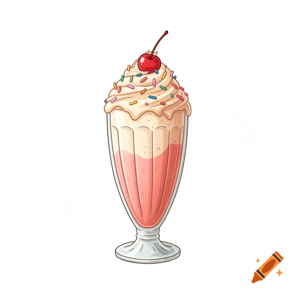 Digital illustration of a strawberry milkshake in a tall glass, topped with whipped cream, sprinkles, and a cherry, on a white background.