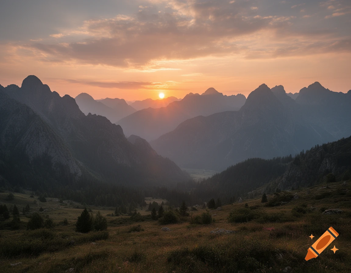 Photorealistic landscape of mountains during a sunset with a valley in the foreground.