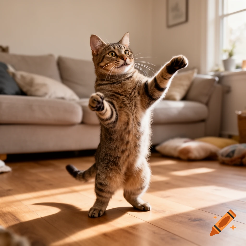 Photorealistic image of a tabby cat standing on its hind legs on a wooden floor in a living room.