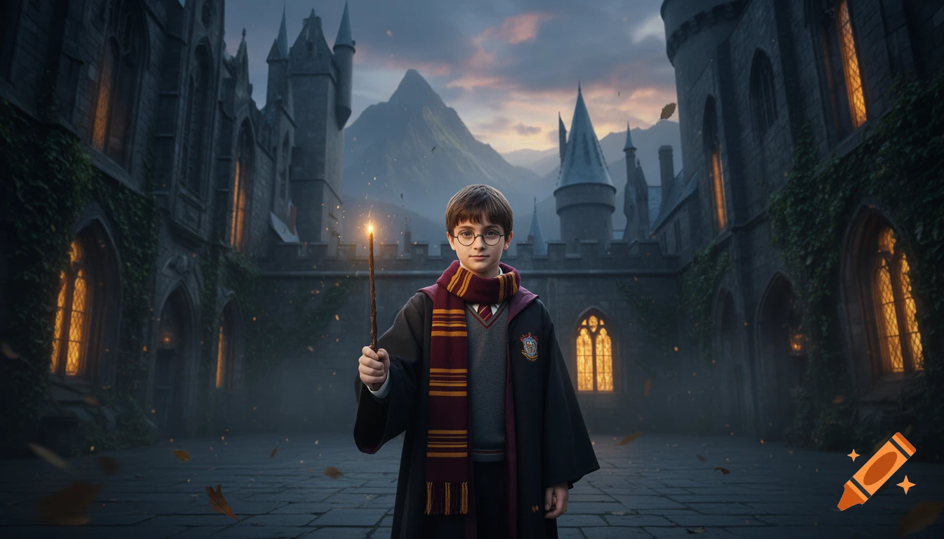 Harry Potter holding a glowing wand in the courtyard of Hogwarts castle.