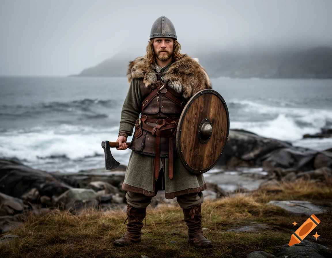 Photorealistic portrait of a Viking warrior in full armor holding an axe and a wooden shield on a rocky shore.