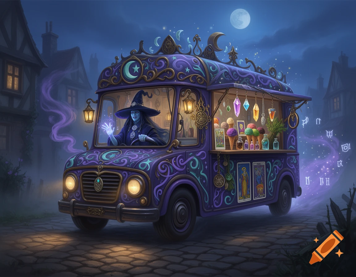 A purple ice cream van decorated with magical symbols, charms, and glowing potions, driven by a witch at night.