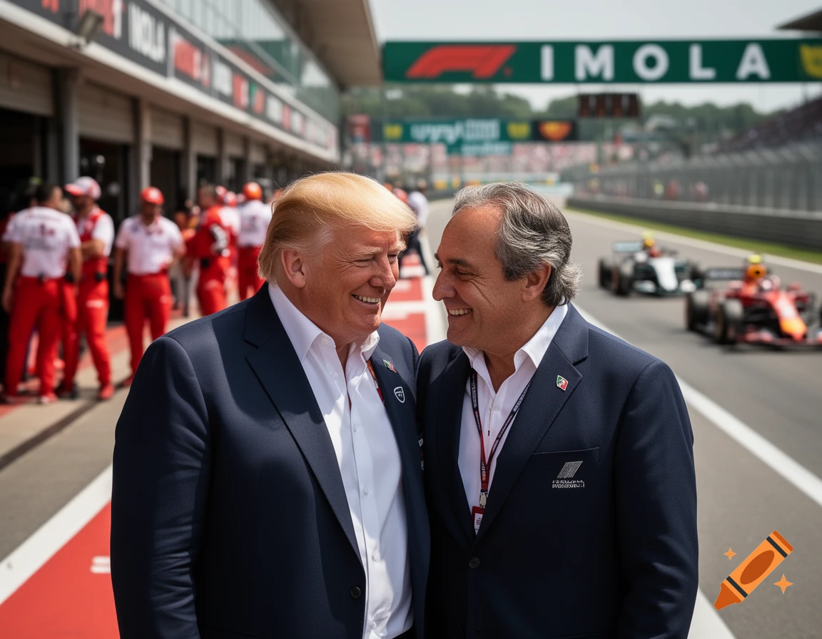Photorealistic image of Donald Trump and Stefano Domenicali smiling together in front of the pit lane at the Imola Formula 1 circuit.