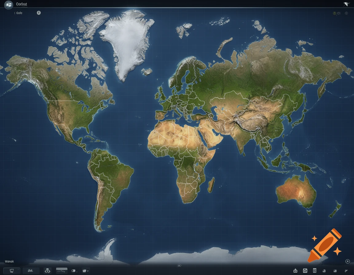 A world map of Earth depicted in a video game UI style showing continents, country borders, and geographic features.