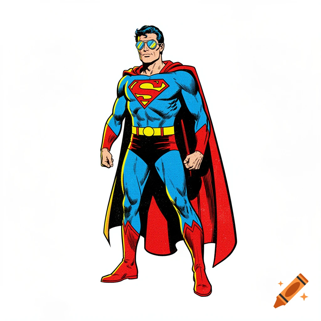 Vintage 80s comic book illustration of a retro superhero wearing sunglasses, red and blue suit, and a red cape.