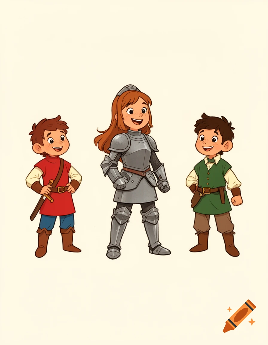 Character design sheet showing three stylized fantasy adventure characters in a French-Belgian comic style.