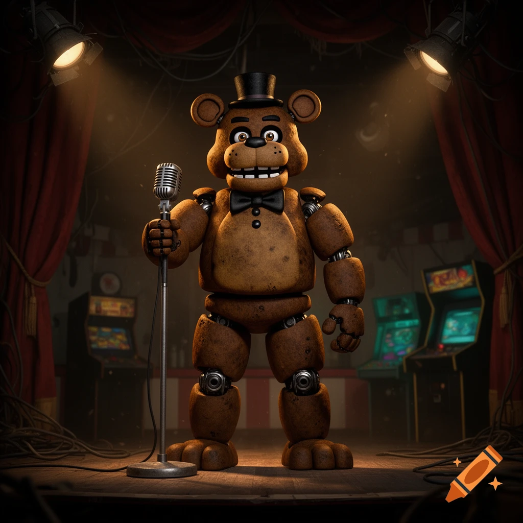 Photorealistic 3D render of Freddy Fazbear holding a microphone on a stage with arcade machines.
