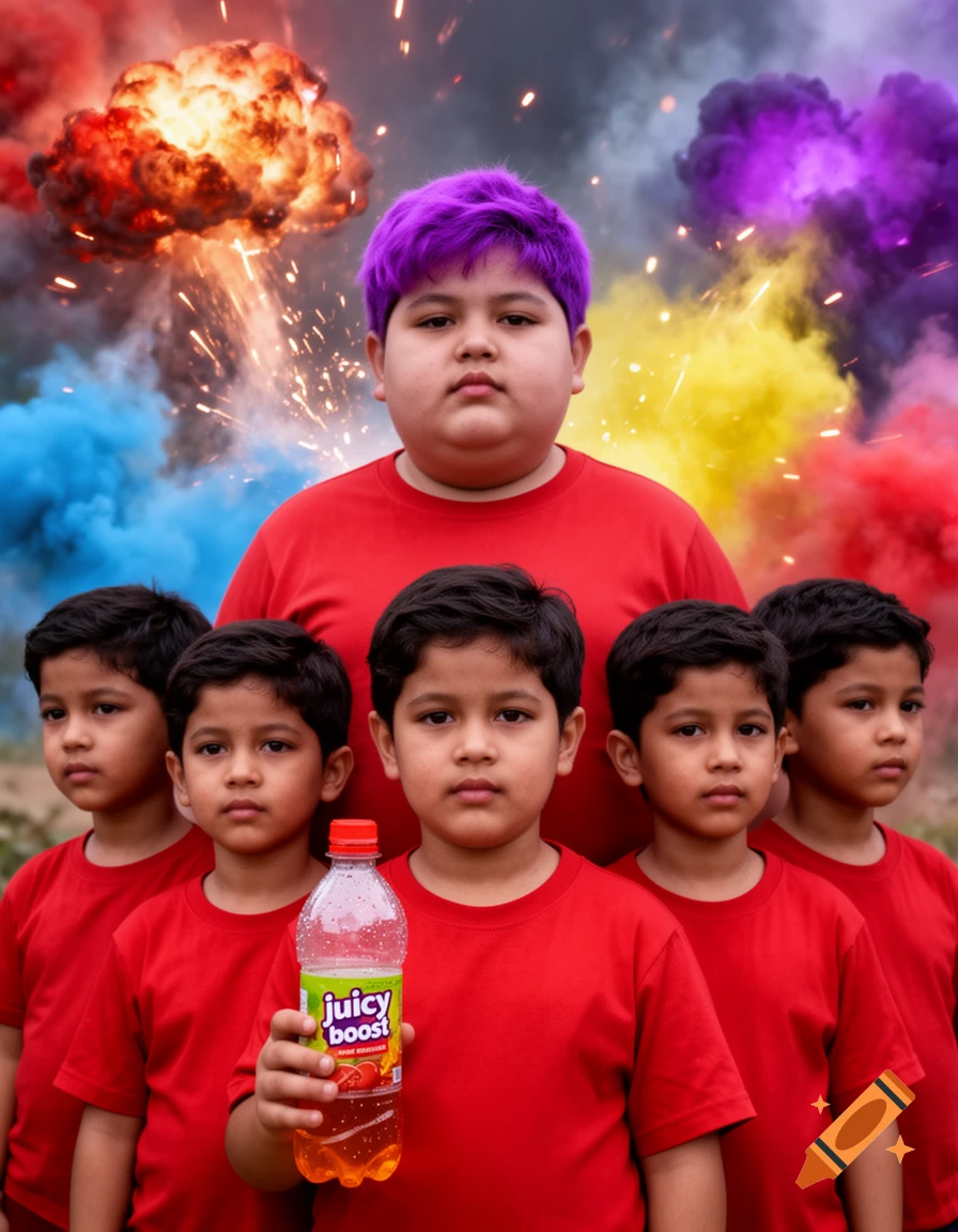 A boy with purple hair stands centrally among five identical boys in red shirts holding a juice bottle, with colorful explosions in the background.