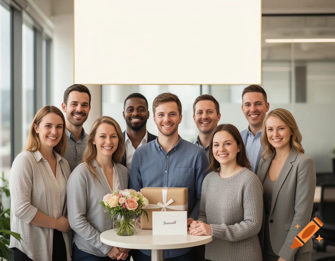 Group of diverse smiling colleagues gathered around a small table with flowers and a farewell card in an office setting.