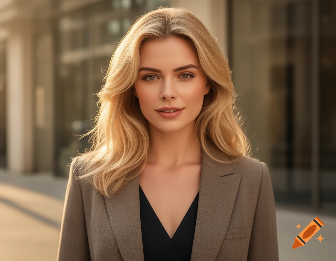 Photorealistic portrait of a young blonde woman with a confident expression, wearing a brown blazer and black top.