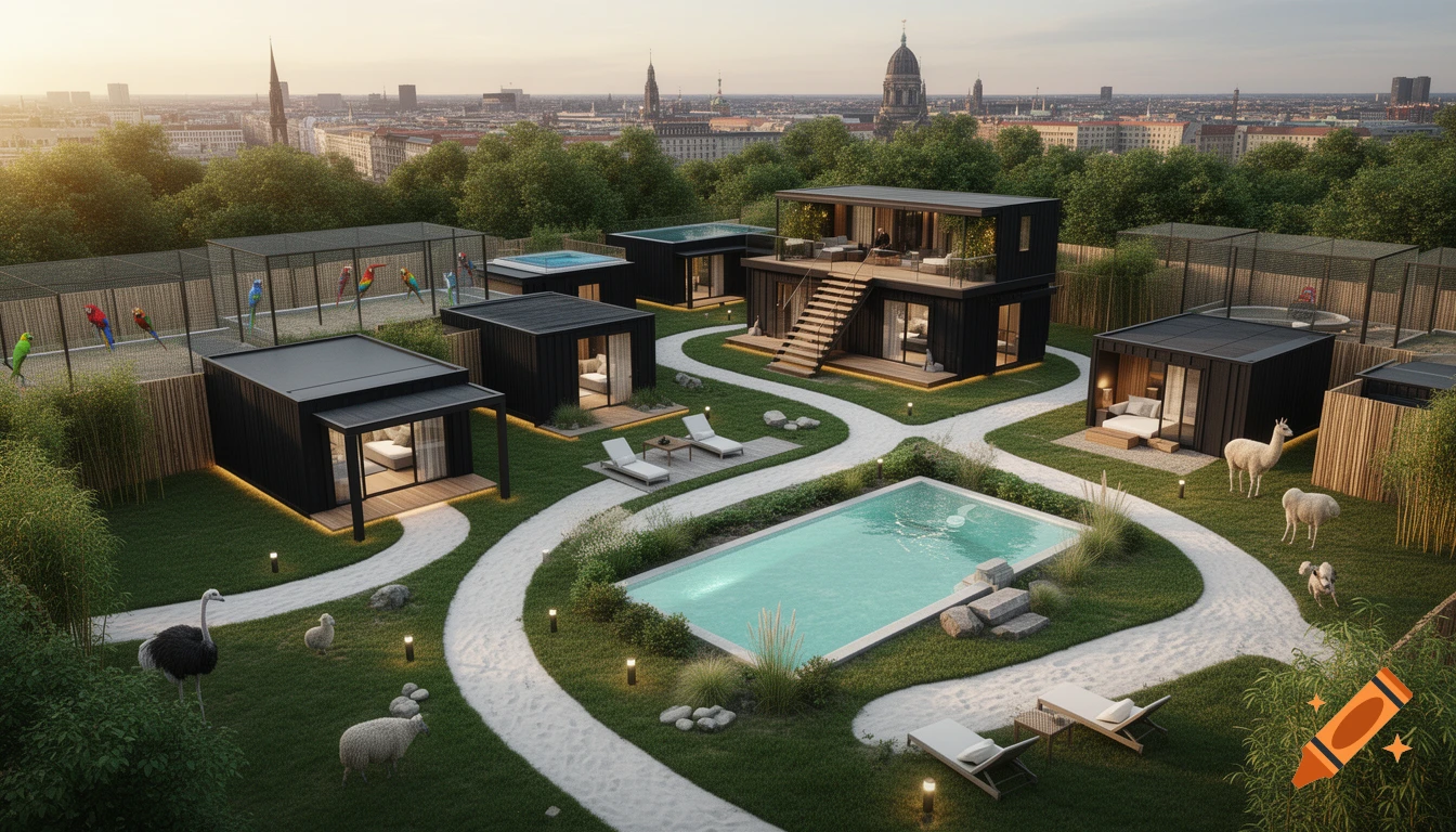 Photorealistic aerial view of a modern wellness retreat in Berlin with black container houses, a central swimming pool, and animal enclosures.