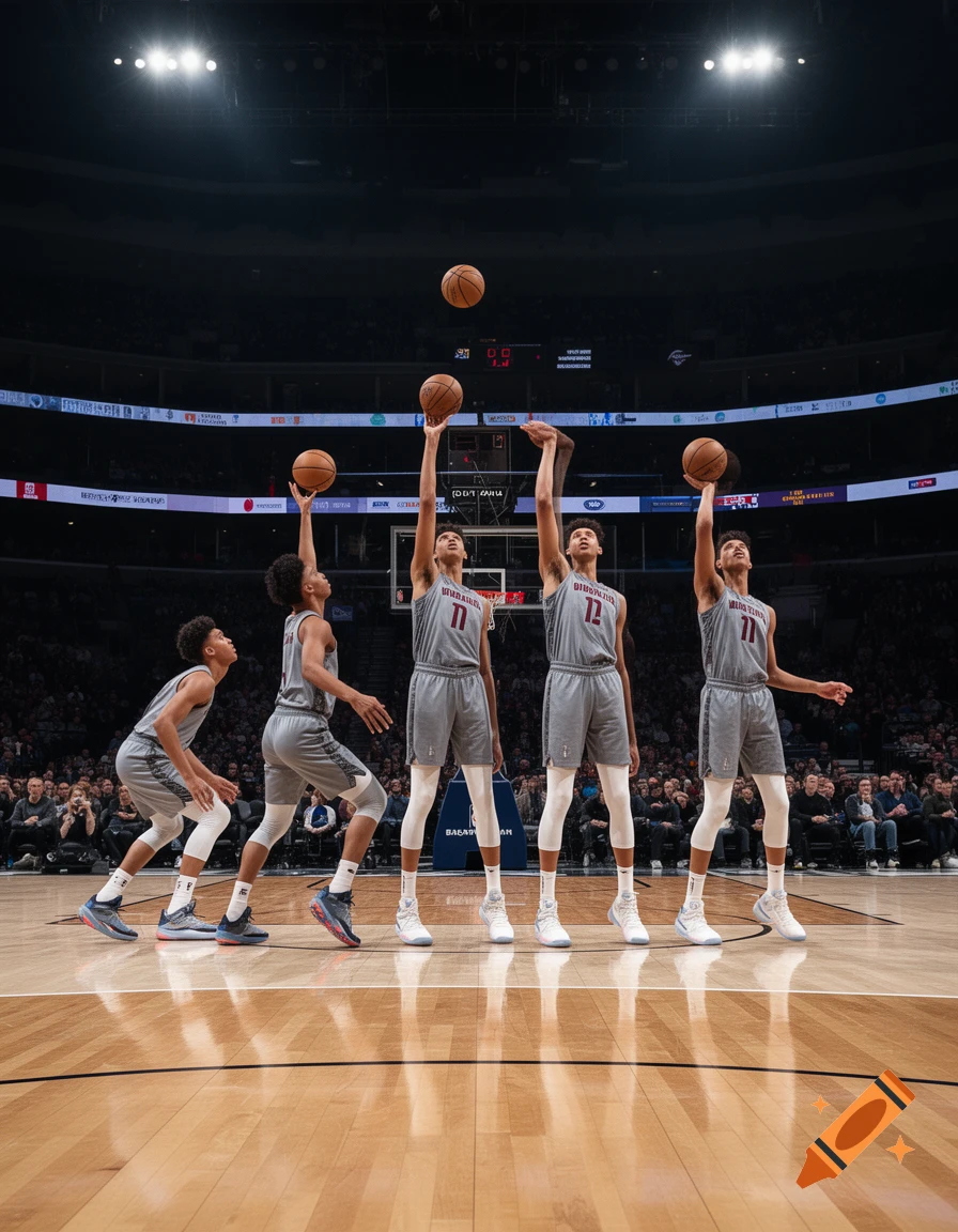 Chronophotography of a basketball player executing a free throw in an indoor arena.