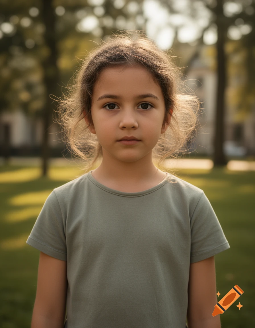Photorealistic portrait of a young girl standing outdoors in a park with a blurred background.