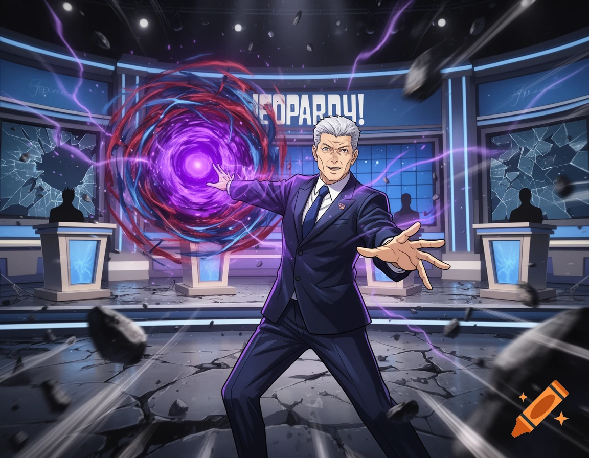 Anime style illustration of Alex Trebek on the Jeopardy set, casting a purple magic sphere attack.