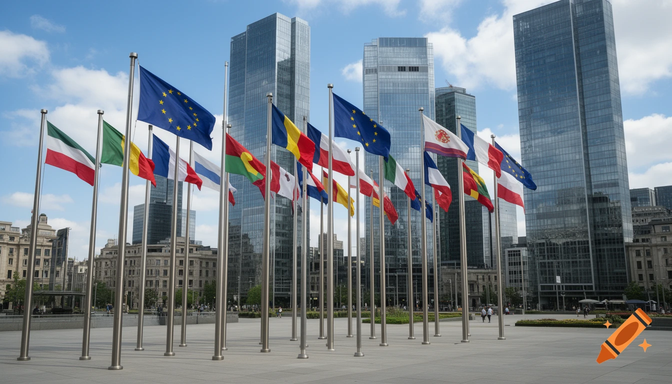 A plaza in front of tall glass skyscrapers with numerous flagpoles featuring various flags waving under a blue sky.