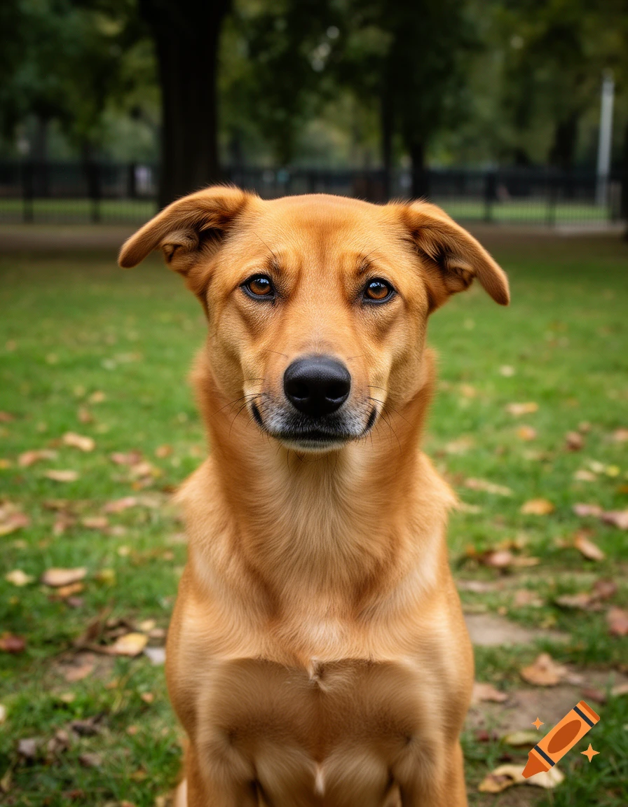 Close-up portrait of a medium-sized brown dog sitting on grass in a park, photorealistic.