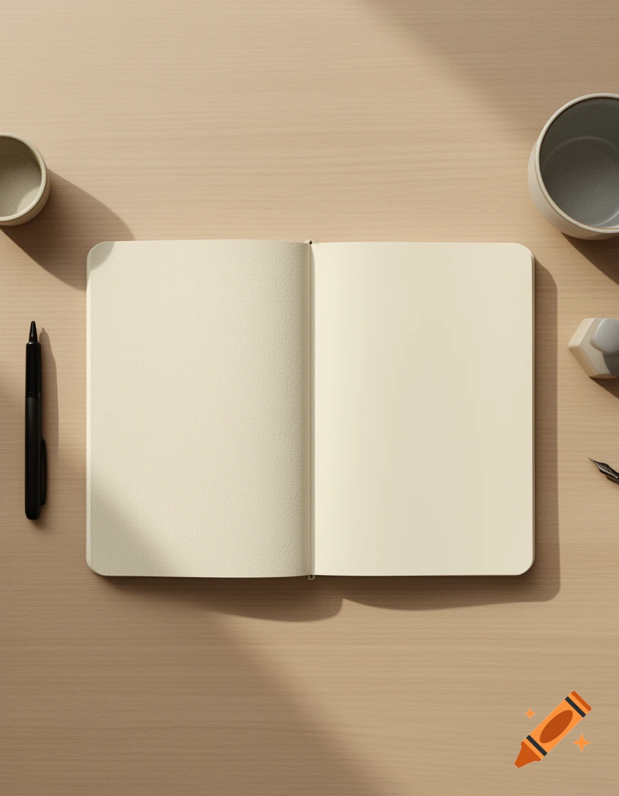 An open blank notebook on a wooden desk with a black pen and a ceramic cup.
