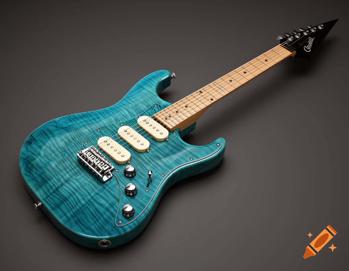 Photorealistic image of a turquoise-blue electric guitar with a flame maple top, maple neck, and chrome hardware against a dark background.