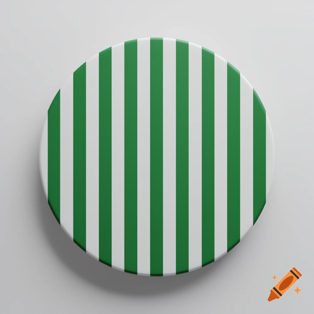 Circular object with vertical green and white stripes on a light gray background.