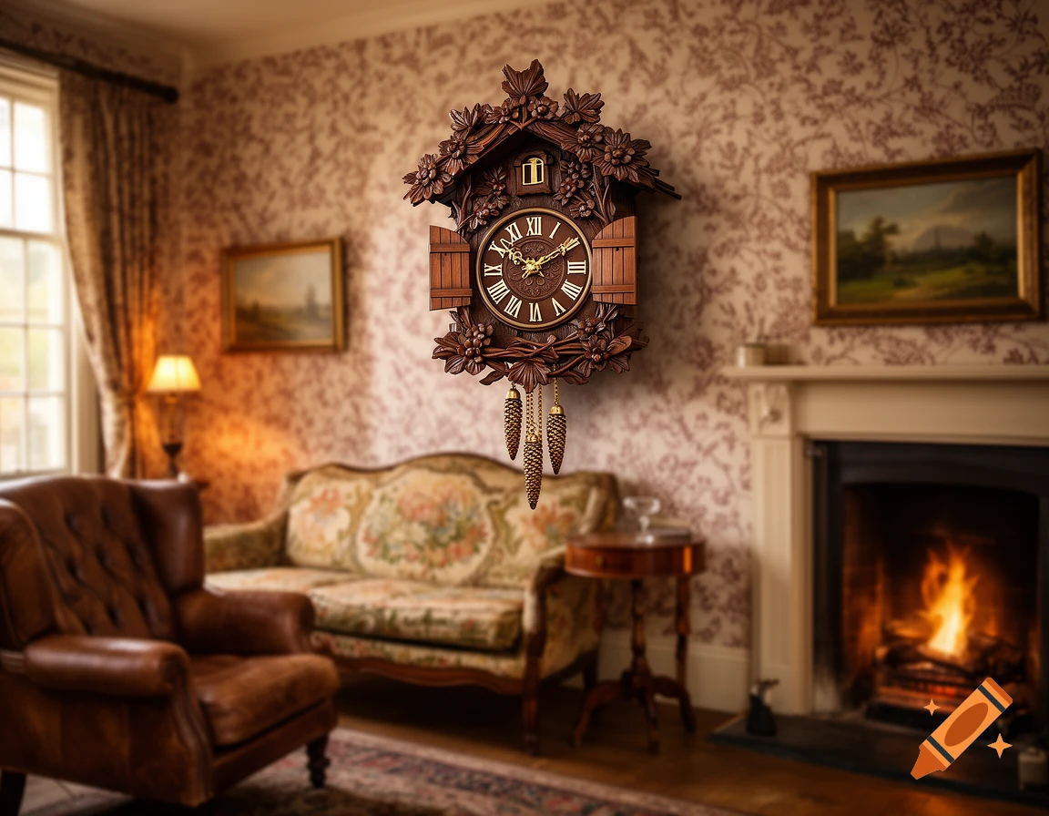 A detailed wooden cuckoo clock hanging on a patterned wall in a cozy living room with a leather armchair and a fireplace, photorealistic.
