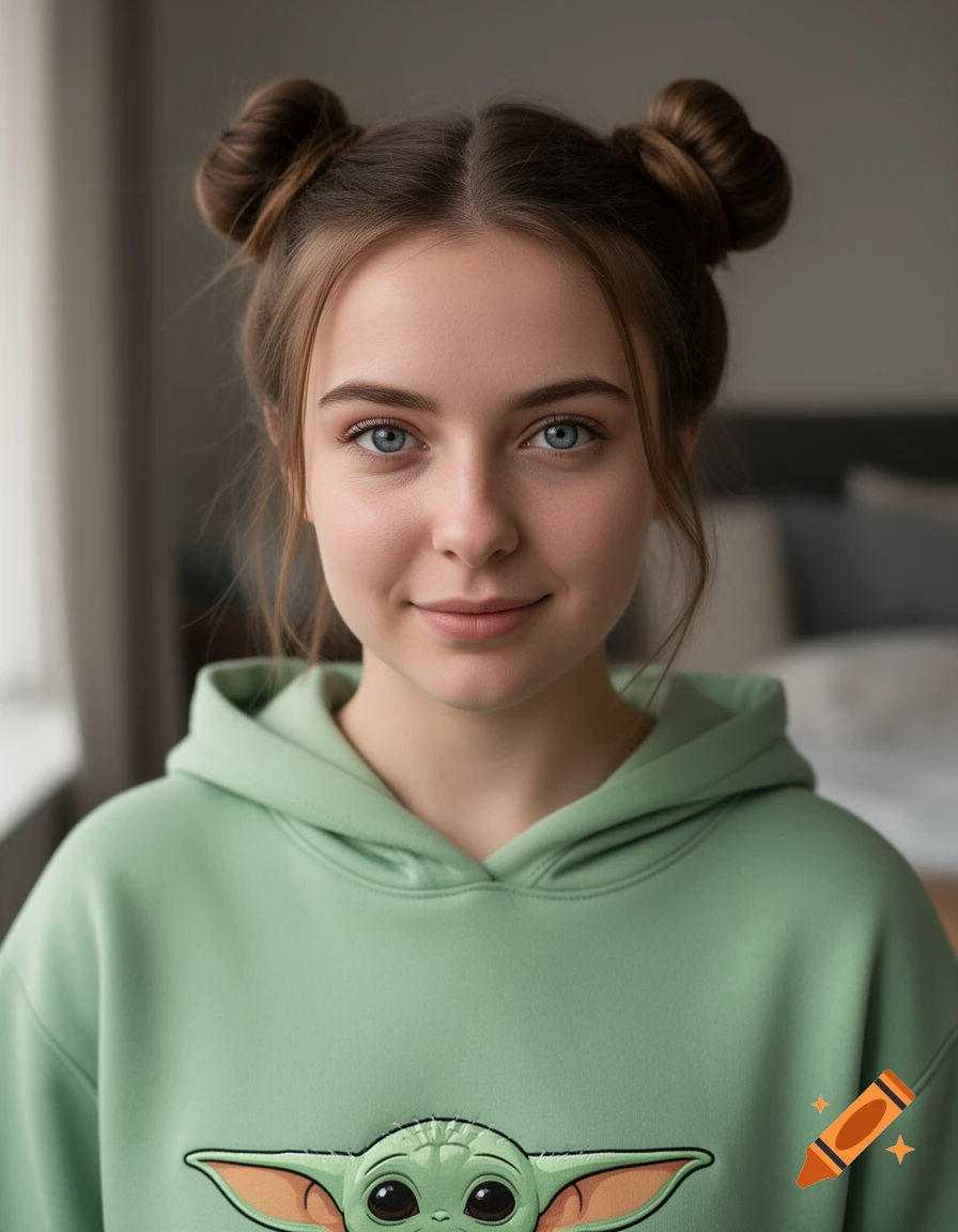Close-up portrait of a young woman with blue eyes and space buns wearing a green Grogu hoodie, photorealistic style.