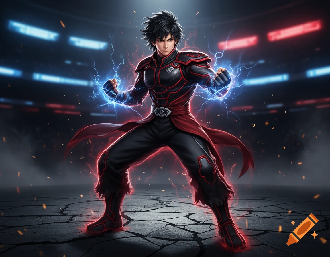 An anime-style male warrior in black and red futuristic armor with crackling blue electricity in his fists, standing in an arena.