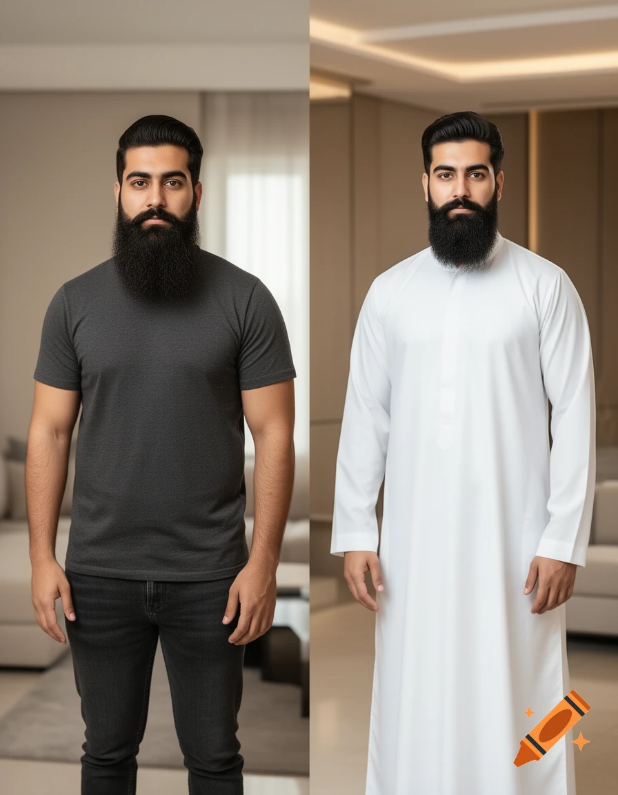 Split view photorealistic portraits of a 20-something Pakistani man with a long black beard, wearing a dark t-shirt and a white thobe.