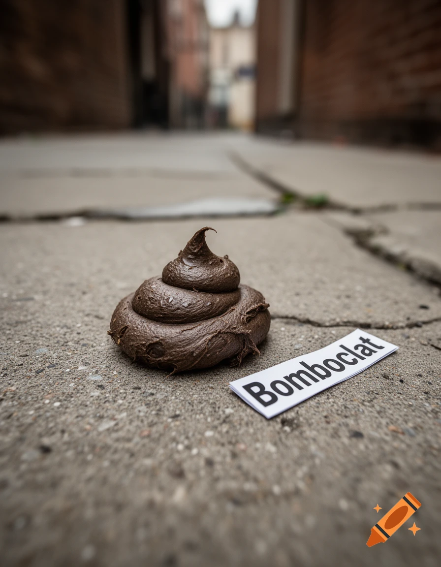 Photorealistic image of a pile of poop on a city sidewalk next to a paper slip with the word Bomboclat.