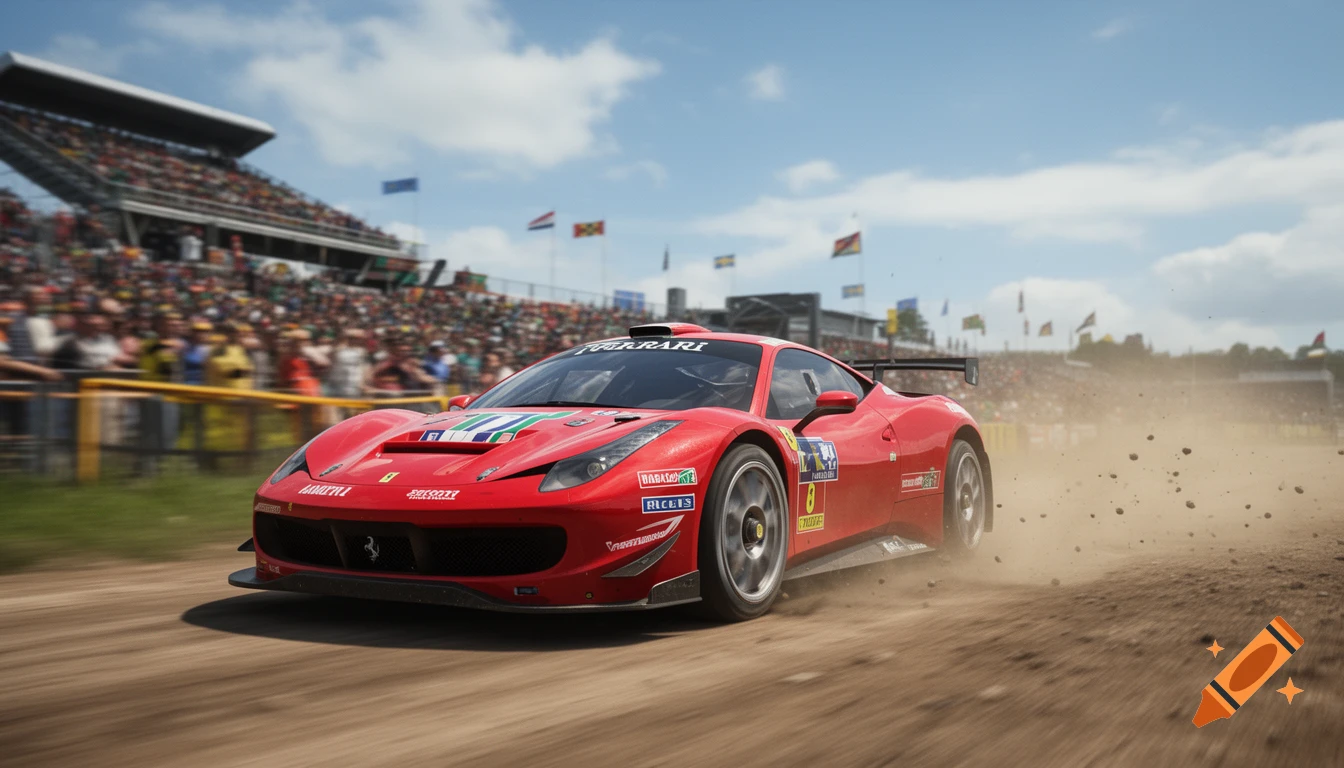Photorealistic action shot of a red rally car racing on a dirt track past a crowded grandstand under a blue sky.
