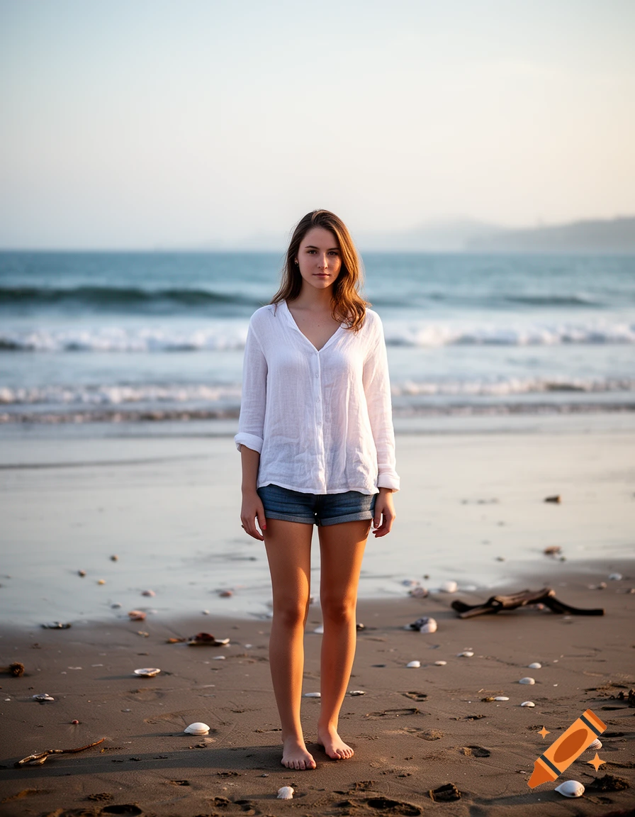 Photorealistic full-length portrait of a young woman standing on a sandy beach wearing a white shirt and denim shorts.