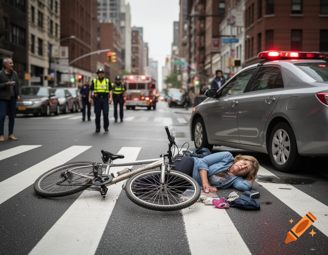 Photorealistic scene of a woman lying next to a bicycle on a city crosswalk after a traffic accident, with a police car and emergency vehicle in the background.