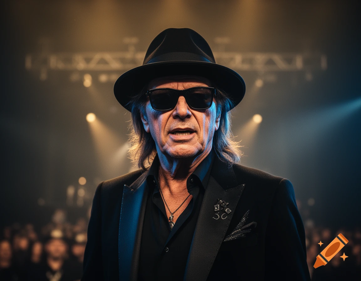 Photorealistic portrait of a man wearing a black fedora, sunglasses, and a suit jacket, in front of a stage with spotlights.