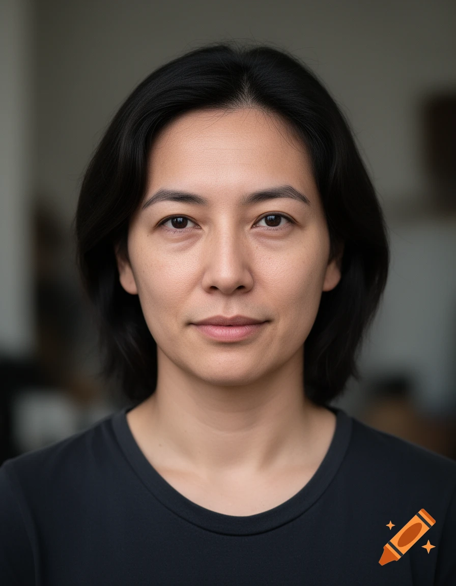 Close-up portrait of a person with black hair and dark eyes against a neutral background.