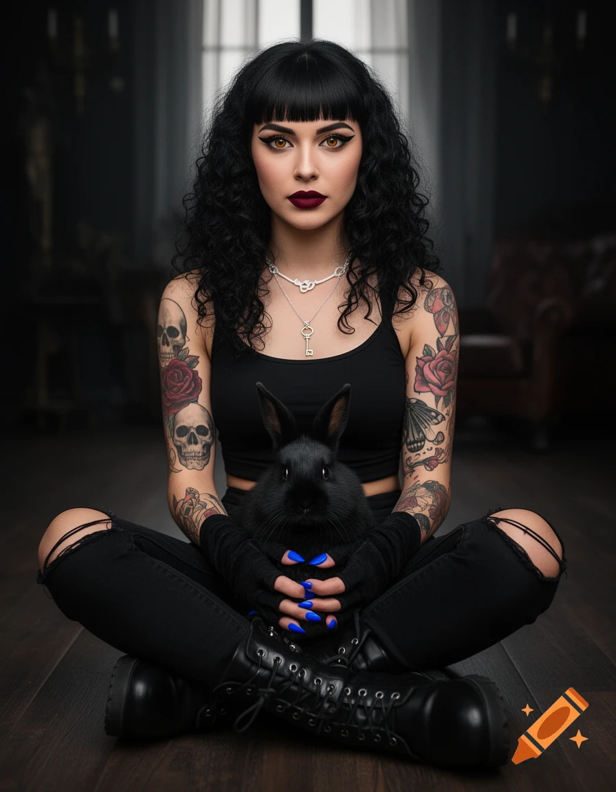 Photorealistic portrait of a goth woman with black hair, tattoos, and blue nail polish, sitting cross-legged and holding a black bunny.