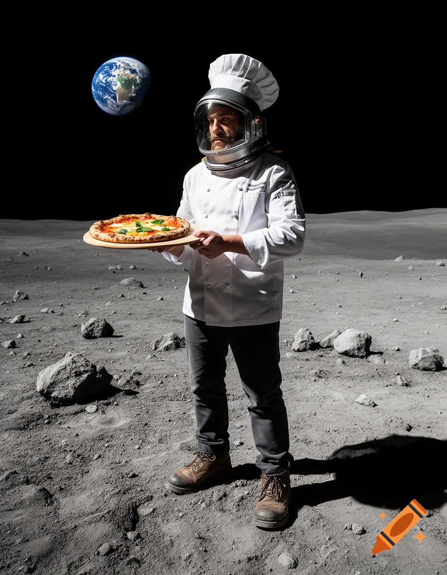 An astronaut wearing a chef hat and white uniform stands on the moon's surface, holding a pizza, with Earth visible in the black sky. Photorealistic.