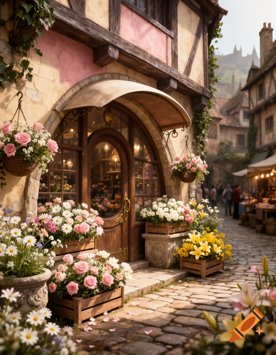Photorealistic medieval fantasy flower shop with pink, white, and yellow flowers in pots and wooden crates on a cobblestone street.